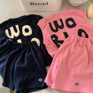 夏季男童套装儿童韩版休闲宽松纯色字母印花无袖短裤运动套装