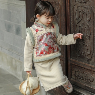 儿童旗袍裙马甲冬季两件套女童复古连衣裙宝宝汉服，套装中式拜年服