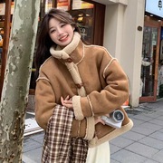 2023冬季麂皮绒大衣羊羔毛外套短款皮毛一体女小个子韩系立领