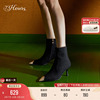 73hours女鞋超能力冬季尖头黑色欧美通勤高跟短靴时装靴