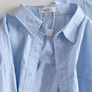 蓝色纯棉衬衫女长袖2024春装，小衫别致宽松超好看上衣洋气衬衣