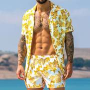 2024亚马逊男士夏威夷海滩，套装印花短裤衬衫，短款印花男装套装
