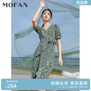 mofan摩凡法式甜美碎花茶，歇裙显瘦春夏，优雅绿色花纹高腰连衣裙