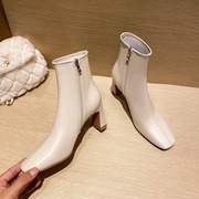 白色短靴女靴子，瘦瘦靴高跟鞋米色方头，粗跟裸靴女秋冬单靴法式踝靴