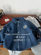 韩版2023冬季男童，儿童牛仔加绒衬衫外套蓝色休闲衬衫