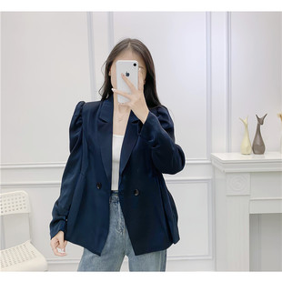 2022秋季女装时尚韩版气质西装领双排扣修身显瘦泡泡袖西服外套