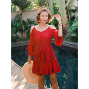法式复古红色蕾丝吊带裙女装，夏沙滩(夏沙滩，)裙连衣裙显瘦女小个子短裙