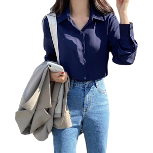 雪纺衬衫女春季韩版宽松显瘦藏青色，衬衣休闲通勤打底气质上衣