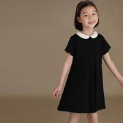 童装夏季女童，日系气质娃娃领黑色短袖连衣裙，公主裙洋气