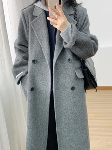 灰色双面羊绒呢子大衣女中长款2023秋冬韩版高端赫本风羊毛呢