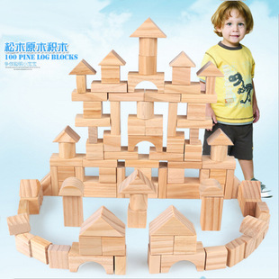 木制儿童堆搭100粒桶装原木环保积木早教益智玩具