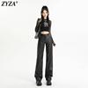 zyza黑色皮裤女高腰直筒，显瘦阔腿裤，2023年秋冬季宽松pu皮裤子