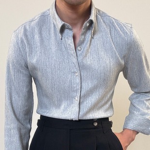 春季高级长袖衬衫型男英伦商务正装复古条纹休闲修身免烫绅士衬衣