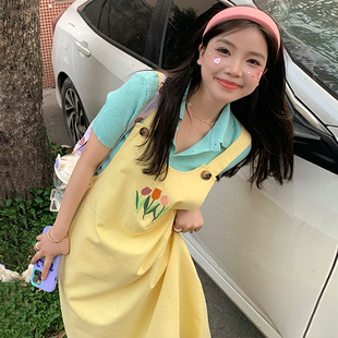 大码女装夏装俏皮两件套韩版chic糖果色郁金香背带，裙+娃娃领衬衫