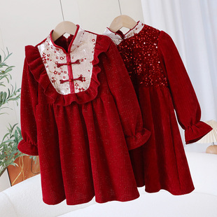 新年装女童红色连衣裙秋冬款，中式盘扣喜庆拜年服小女孩洋气公主裙