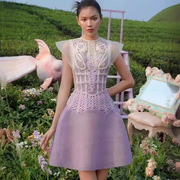 气质蕾丝钩花紫罗兰连衣裙越南设计师拼接收腰短裙230292