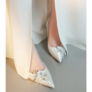 米兔小姐玫瑰花期手工鞋白色绝美婚鞋新娘鞋绸缎礼服高跟鞋女