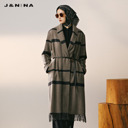 jnina捷恩尼纳秋冬不规则条纹，流苏设计西装，领气质中长款毛呢外套