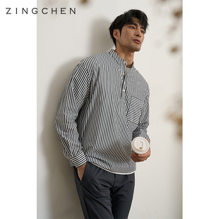 黑白条纹设计zingchen男士，长袖廓形衬衫亨利领纽扣口袋衬衣