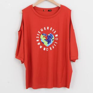 品牌尾货夏季圆领T恤女印花蝙蝠袖设计感五分袖砖红经典上衣