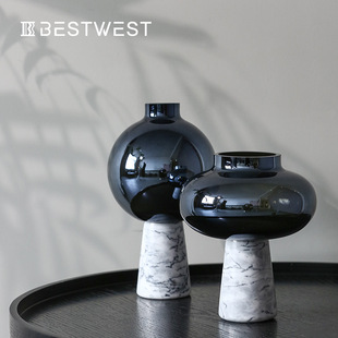 新中式软装家居设计师款玻璃大理石花器 样板房创意玻璃花瓶花瓶