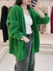 绿色中长款开衫毛衣外套秋冬休闲宽松慵懒风时尚洋气长袖针织上衣