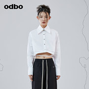 odbo欧宝设计感小众系带短款上衣2022年夏季休闲白色，长袖衬衫女潮