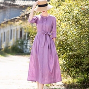 折扣~年轻款复古棉麻，中袖连衣裙文艺气质收腰显瘦紫色中长裙