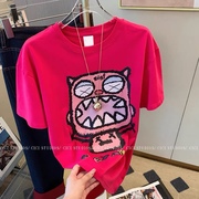 树莓粉色卡通短袖t恤女2023欧货设计感独特别致小众玫红上衣