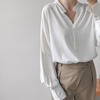 显瘦V领厚雪纺衬衫 韩国气质立领灯笼袖宽松中长款衬衫女Q596