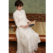 风雅 春夏白色越南改良版年轻款奥黛旗袍中式国风棉麻绣花连衣裙