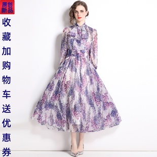 法式英伦风紫罗兰碎花大摆雪纺连衣裙今年流行好看的炸街仙女长裙