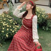 时尚洋气红色格纹方领胖mm裙子2024大码女装蕾丝长袖法式连衣裙潮