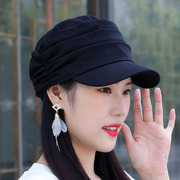 帽子女韩版潮秋季时尚鸭舌帽休闲褶皱硬沿平顶帽出游逛街黑色布帽