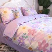 高档田园紫色花卉小碎花床上四件套全棉纯棉床单床笠款水墨画风格