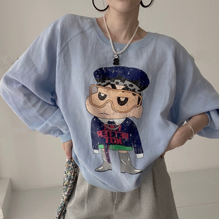 韩国chic早秋小清新减龄圆领涂鸦印花设计宽松休闲百搭长袖T恤女