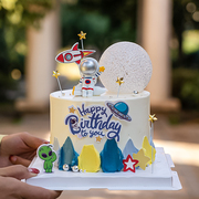 宇航员蛋糕装饰宇宙飞船宝宝周岁星球插件水晶发光灯甜品摆件装扮