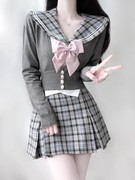 韩系学院风海军领衬衫女秋季针织开衫辣妹格子半身裙JK制服套装女