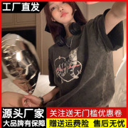 复古港味猫咪印花t恤女短袖夏季宽松设计感小众上衣休闲圆领体恤