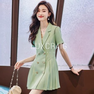 LUXCRAIG法式绿色西装连衣裙短袖高腰女神范双排扣职业裙子