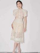 越南小众设计师甜美蕾丝刺绣连衣裙泡泡袖修身宫廷名媛气质晚礼服