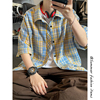 vintage美式蓝黄格子衬衫男短袖夏季撞色条纹衬衣情侣七分袖外套