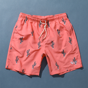 夏季海边穿男士沙滩裤桃红色宽松印花五分裤日常度假外穿速干短裤