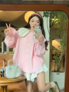 娃娃领喇叭袖衬衫女秋季2024甜美韩系设计感洋气宽松长袖上衣