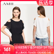amii2024夏一字(夏一字)领露肩，荷叶袖雪纺，衫女优雅小众设计感法式上衣