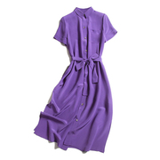 紫色重磅真丝连衣裙100%桑蚕丝大牌时尚2022中长款短袖衬衫裙
