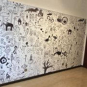 现代北欧壁画涂鸦墙纸儿童房壁纸卧室男孩个性创意手绘黑白壁画