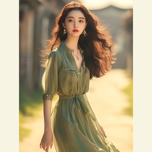 新中式小立领那不勒斯长裙，超仙女薄荷曼波风，绿色雪纺连衣裙女夏季