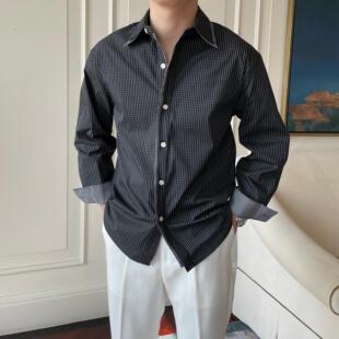 气质休闲长袖衬衫男复古黑色格子撞色双层领设计感慵懒宽松衬衣男