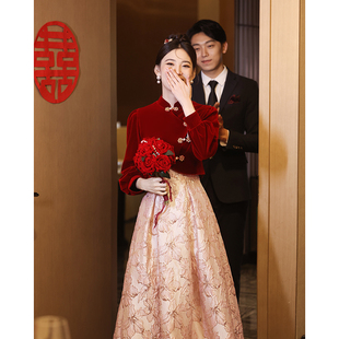 新中式订婚服女秋冬敬酒服新娘平时可穿婚服红色套装旗袍回门礼服